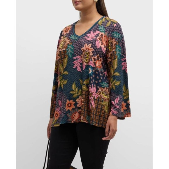 Johnny Was Plus Delfino V Neck Kimono Sleeve Tee Floral Blue Top Shirt Flower NW - Picture 3 of 8